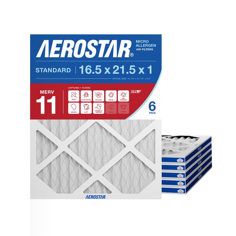 Aerostar 16.5x21.5x1 MERV 11 - 6 Count - Pleated HVAC, Furnace & Air Conditioner Filters - Removes Dust, Cold & Flu Germs, Lint, Mold, Pet Dander, Allergy-Causing Pollen, Smog & Smoke - Image 1